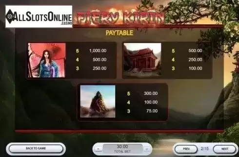 Paytable 1. Fiery Kirin from 2by2 Gaming