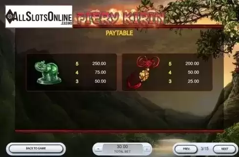 Paytable 2. Fiery Kirin from 2by2 Gaming