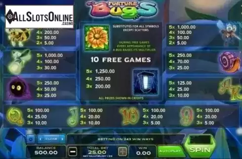 Paytable. Fortune Bugs from Xplosive Slots Group