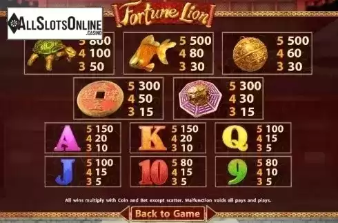 Paytable. Fortune Lion (SimplePlay) from SimplePlay