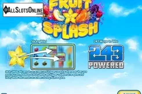 Start Screen. Fruit Splash from Rival Gaming