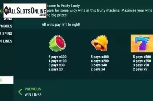 Paytable 1. Fruity Looty from Slot Factory