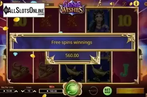 Free spins win screen. Genie Wishes from Booming Games