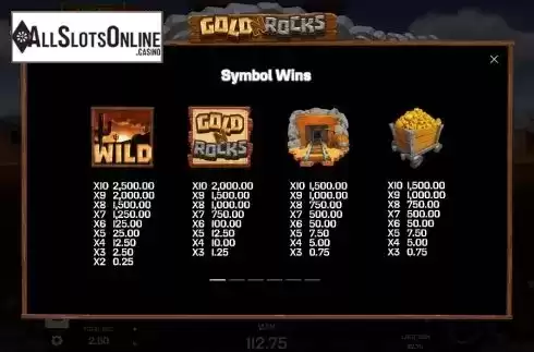 Paytable screen. Gold 'N' Rocks from Golden Rock Studios