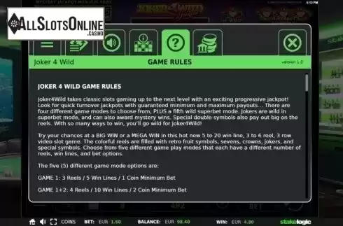 Game Rules 1. Joker 4 Wild from StakeLogic