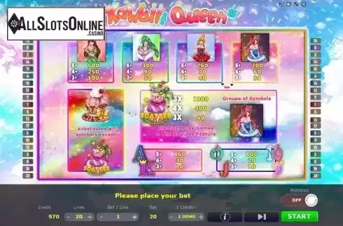 Paytable. Kawaii Queen from Five Men Games