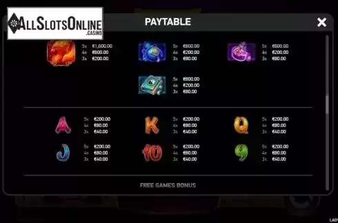 Paytable 2. Lady Phoenix from Ruby Play