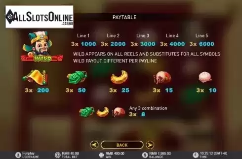 Paytable screen. Lord Bao Bao from GamePlay