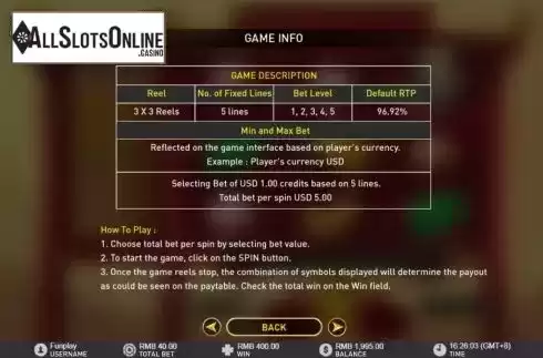 Info screen. Lord Bao Bao from GamePlay