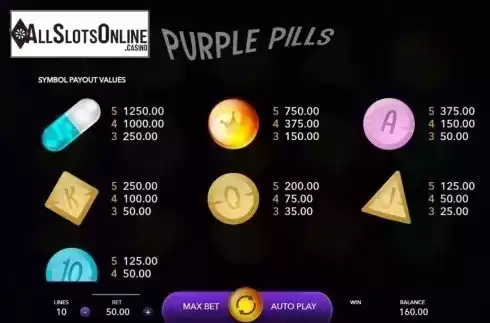 Paytable. Purple Pills from Mascot Gaming