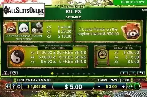 Paytable 1. Pandas Quest from Aurify Gaming