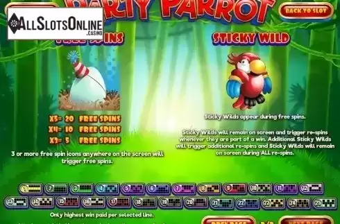 Paytable 3. Party Parrot from Rival Gaming