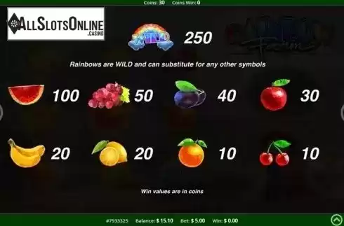 Paytable . Rainbow Farm from Concept Gaming