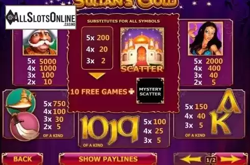 Paytable 1. Sultan's Gold from Playtech
