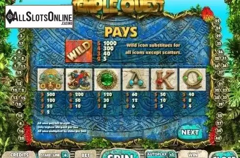 Paytable 1. Temple Quest from Big Time Gaming