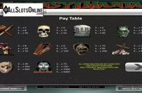 Paytable . Transylmania from Concept Gaming