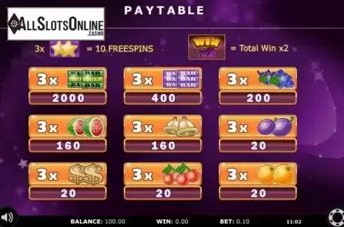 Paytable screen. Triple Stars from KAJOT