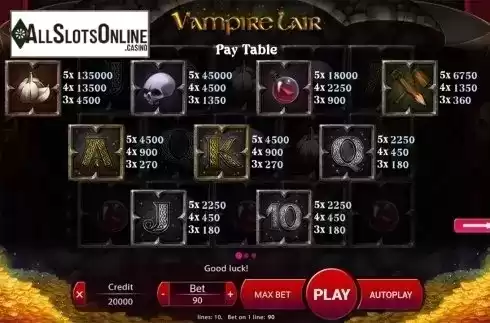 Paytable . Vampire Lair from X Play