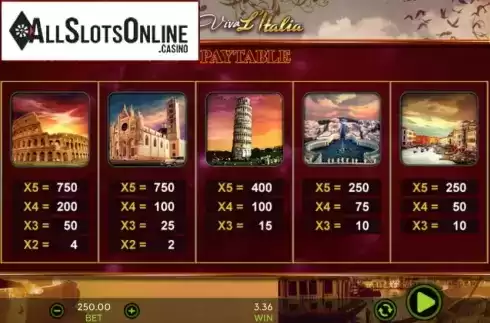 Paytable. Viva L'Italia from 888 Gaming