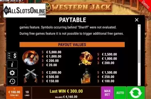 Paytable 3. Western Jack from Gamomat