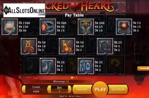 Paytable screen. Wicked Heart from Mancala Gaming