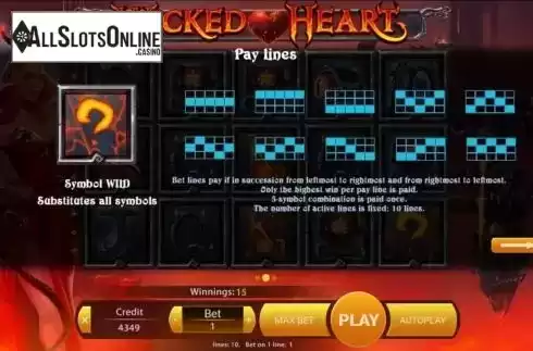 Paylines screen. Wicked Heart from Mancala Gaming