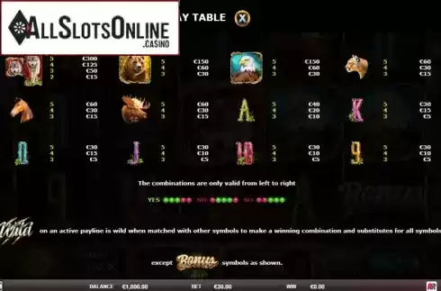 Paytable screen 1. Wild Animals from Red Rake