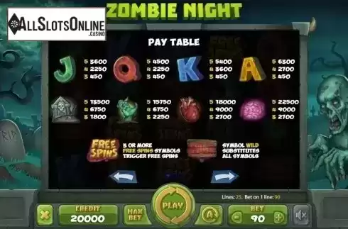 Paytable . Zombie Night from X Card