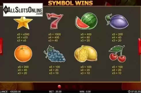 Paytable screen 1. 20 Hot Spins from 7mojos