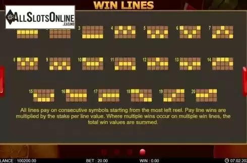 Paytable screen 2. 20 Hot Spins from 7mojos