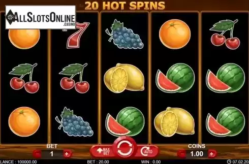 Reel screen. 20 Hot Spins from 7mojos