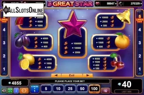 Paytable. 5 Great Star from EGT