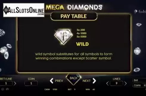 Paytable 1. Mega Diamonds from BetConstruct