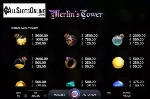Paytable. Merlin's Tower from Mascot Gaming