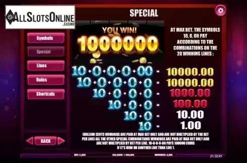 Paytable 2. Million Cents HD from iSoftBet