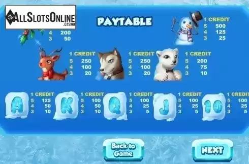 Paytable. Northern Snow from Vela Gaming
