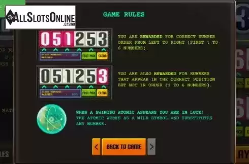 Rules Screen. Atomico Lotto from Caleta Gaming
