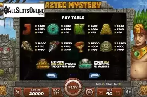Paytable . Aztec Mystery from X Card