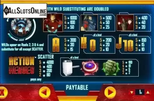 Paytable 1. Action Heroes from TOP TREND GAMING