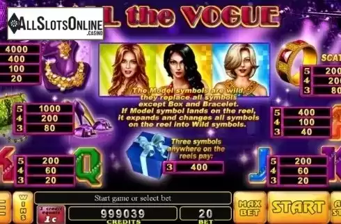 Paytable . All the Vogue from Noble Gaming