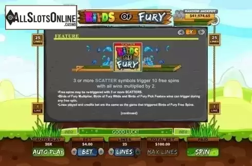 Free Spins 1. Birds of Fury from RTG