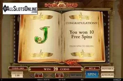 Free spins intro screen. Book of Dead from Play'n Go