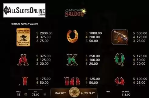 Paytable. CanCan Saloon from Mascot Gaming