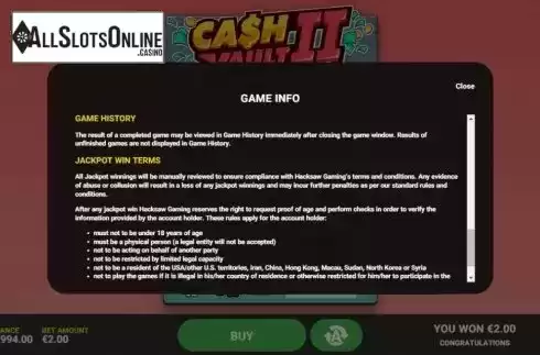 Info 4. Cash Vault II from Hacksaw Gaming