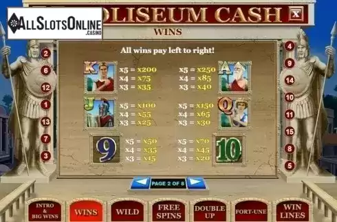 Paytable 2. Coliseum Cash from Slot Factory