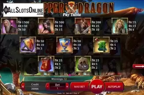 Paytable screen. Copper Dragon from Mancala Gaming