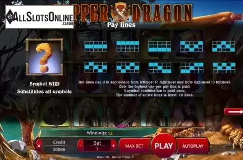 Paylines screen. Copper Dragon from Mancala Gaming