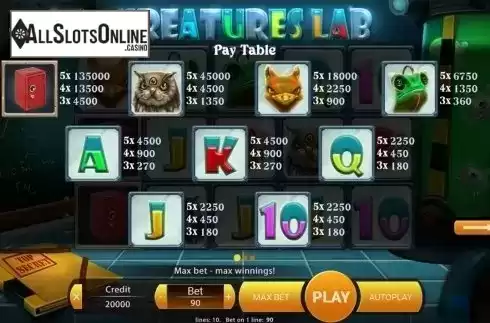 Paytable . Creatures Lab from X Play