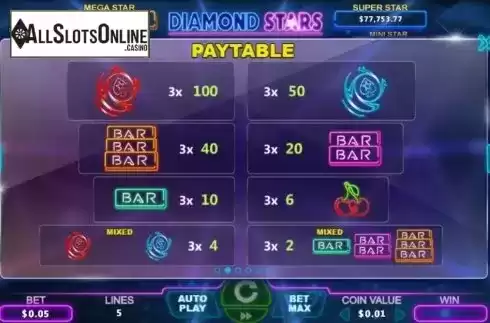 Paytable. Diamond Stars from The Stars Group