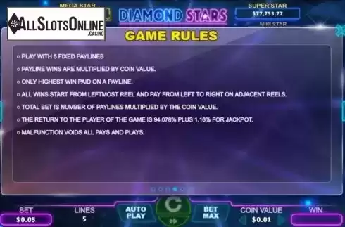 Game Rules. Diamond Stars from The Stars Group